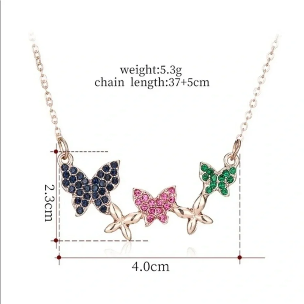 Rainbow Crystal Butterfly Necklace Gold Tone Dainty Charm Y2K Fairycore Jewelry